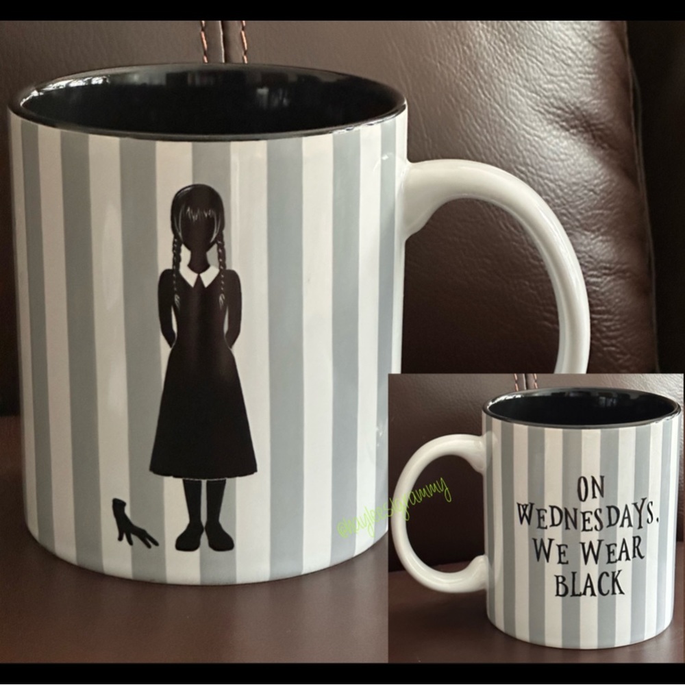 Wednesday Addams & Thing ON WEDNESDAYS, WE WEAR BLACK Striped Ceramic Mug NEW!!